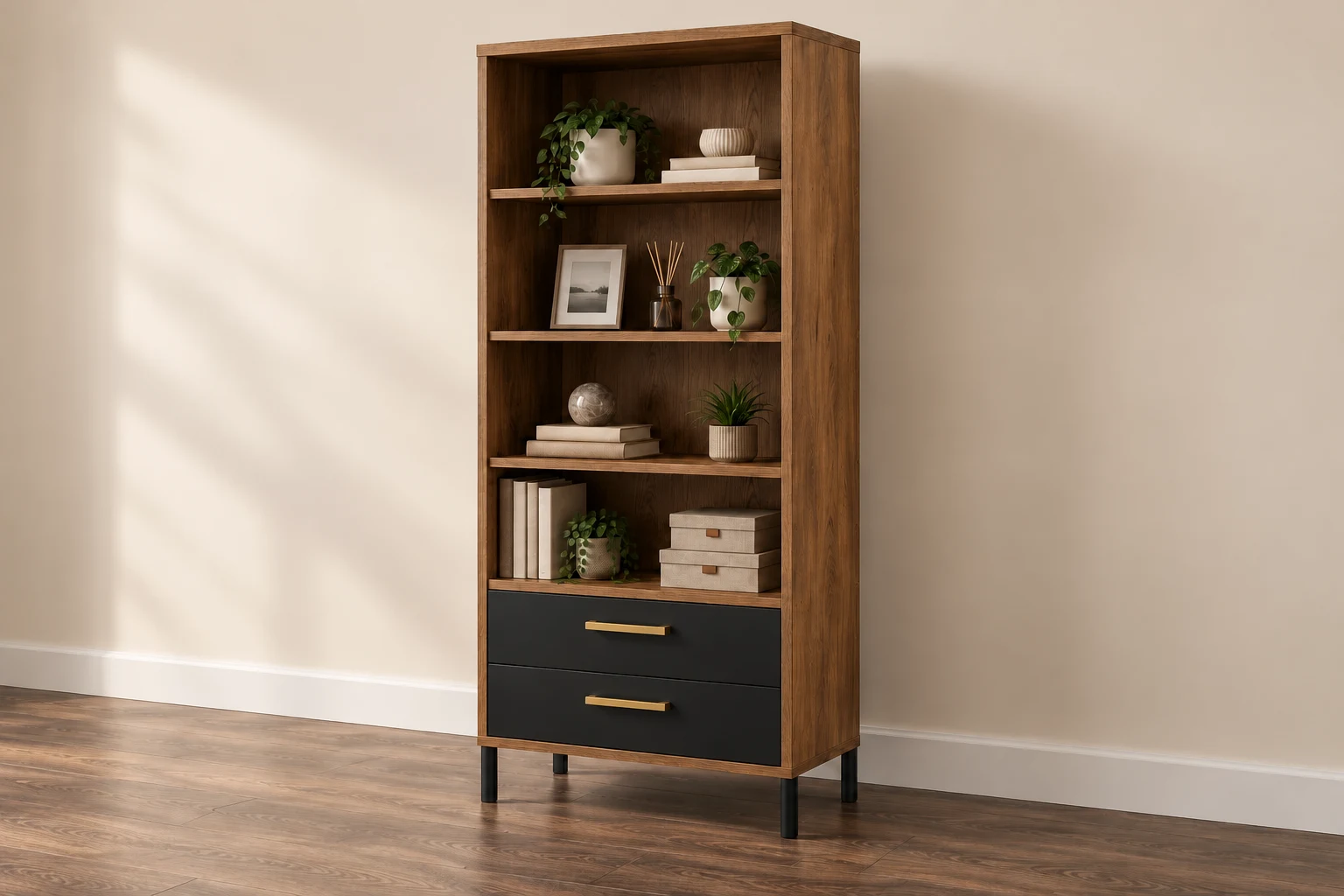 Oak-effect bookcase with open shelving, two charcoal drawers, brass handles and four separate black metal legs