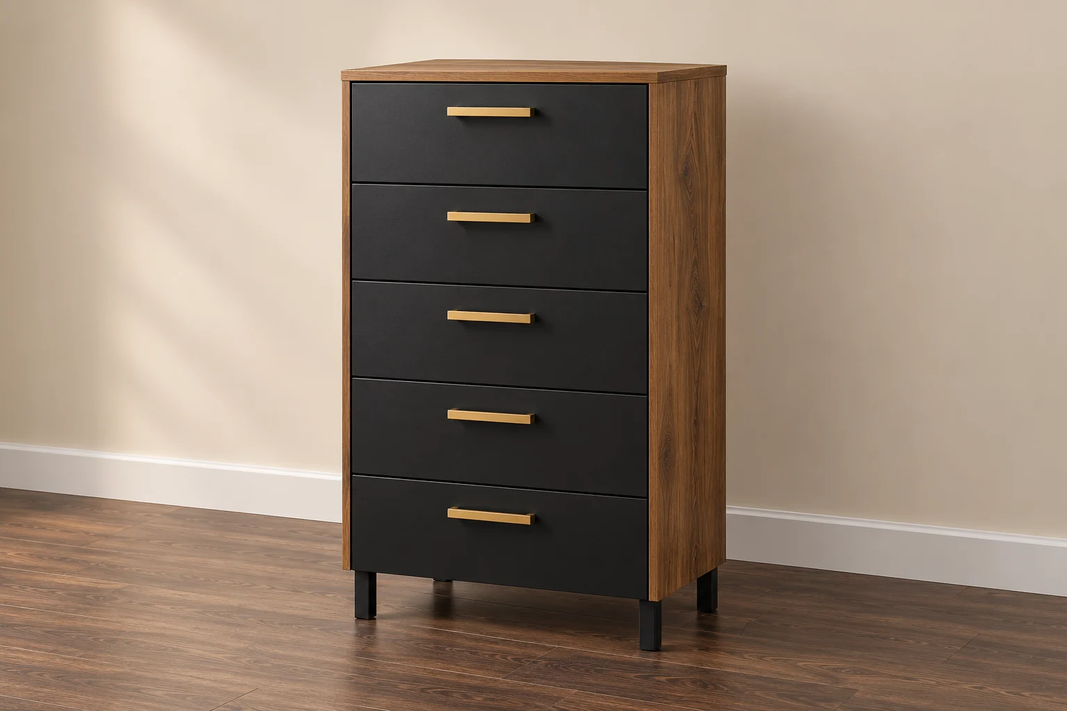 Tall oak-effect chest with five charcoal drawers, brass handles and black legs