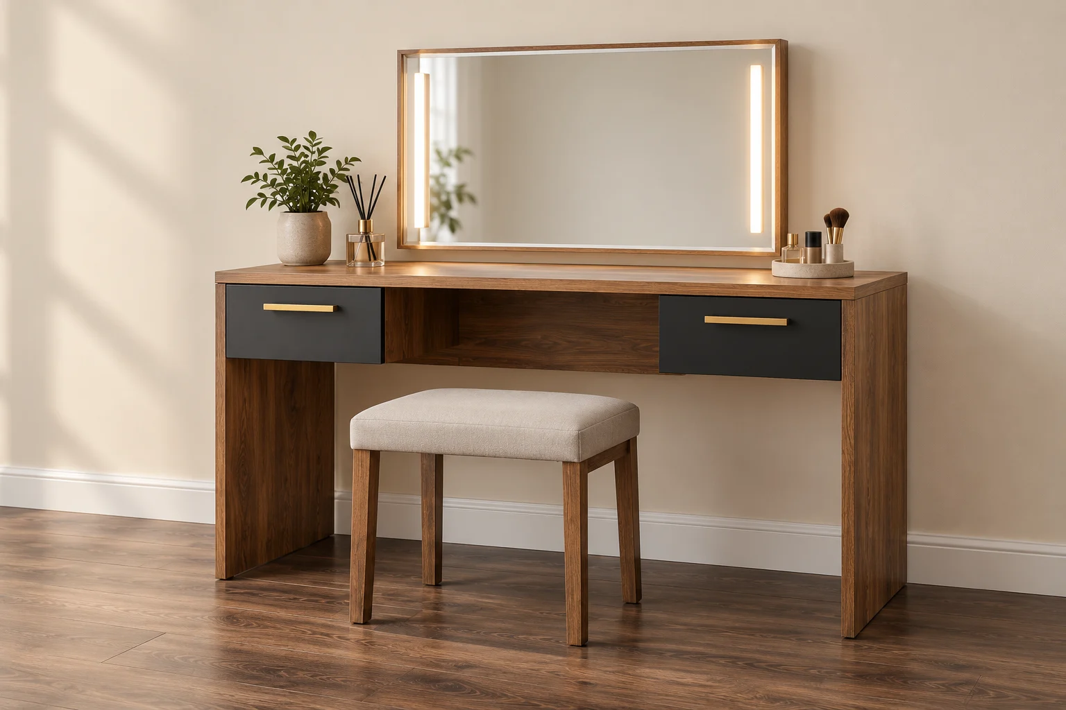 Dressing Table in oak-effect, dark and warm metallic finishes