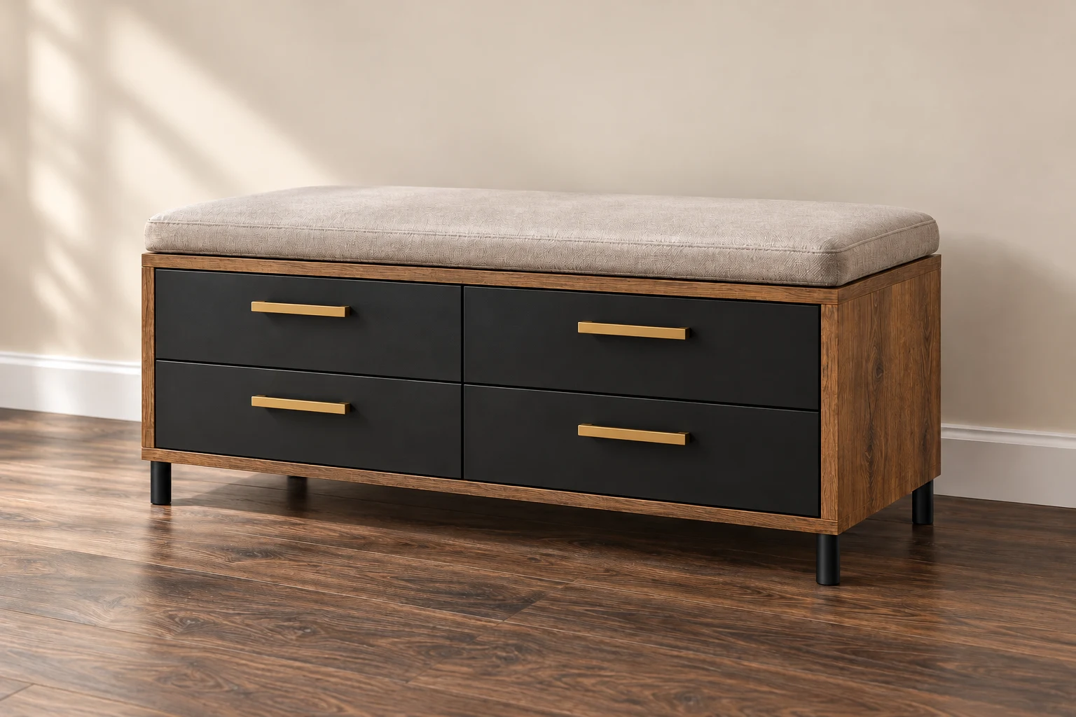 End-of-Bed Bench in oak-effect, dark and warm metallic finishes