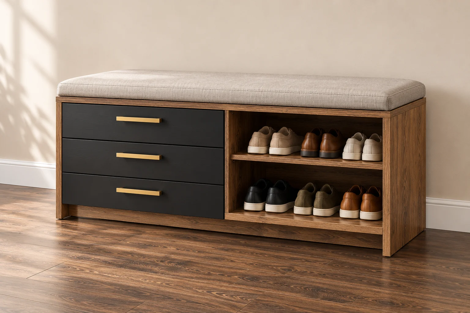 Oak-effect shoe storage bench with dark drawers, open shoe storage and a seat cushion