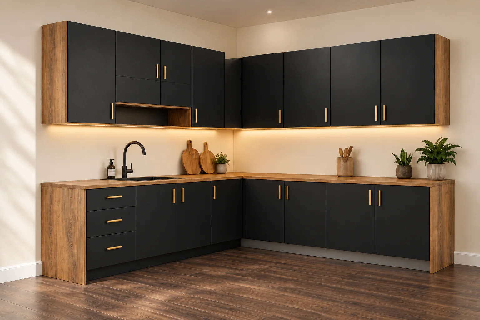 Kitchen Cabinets in oak-effect, dark and warm metallic finishes