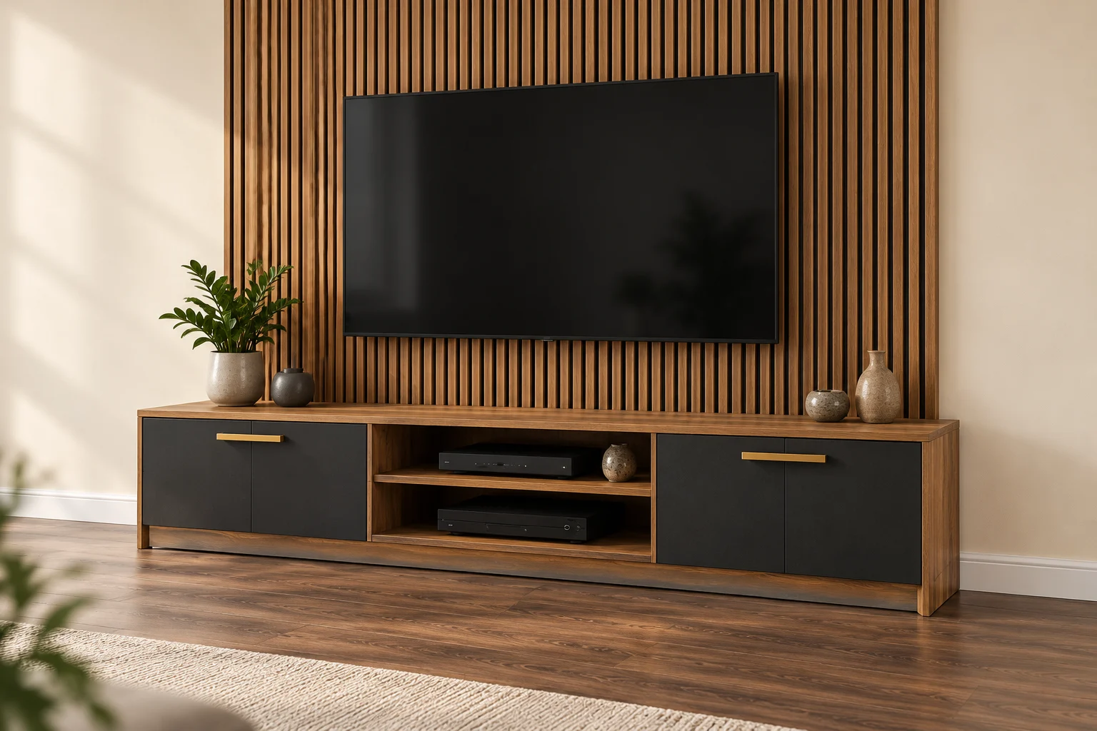 Media Wall in oak-effect, dark and warm metallic finishes