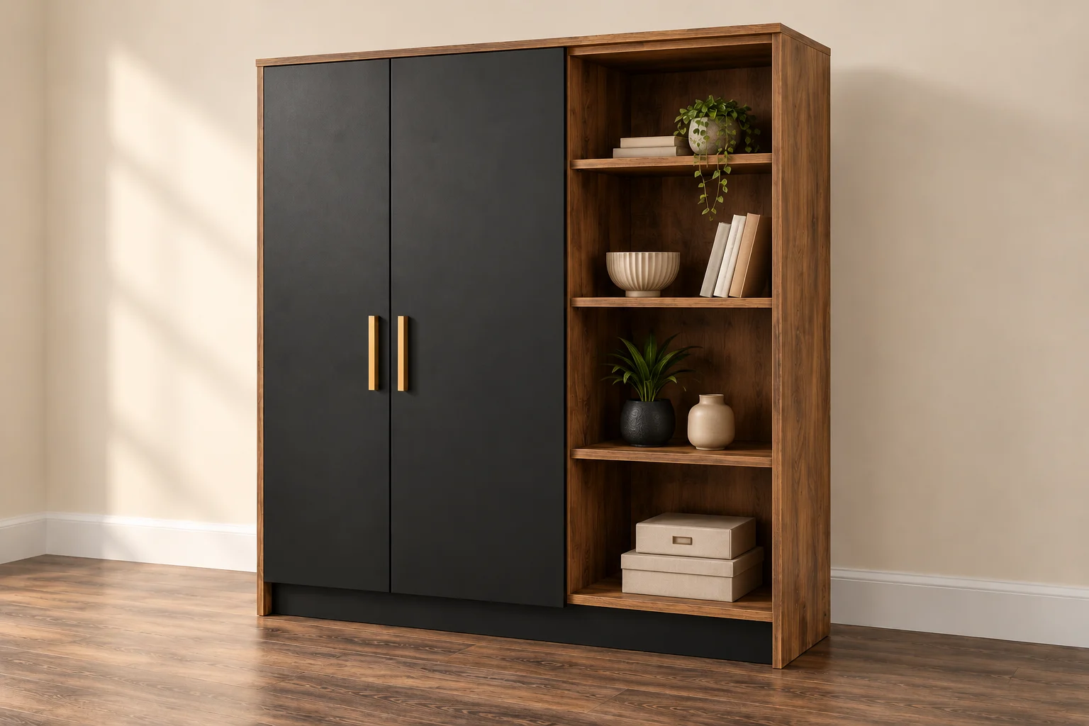 Storage Cabinet in oak-effect, dark and warm metallic finishes