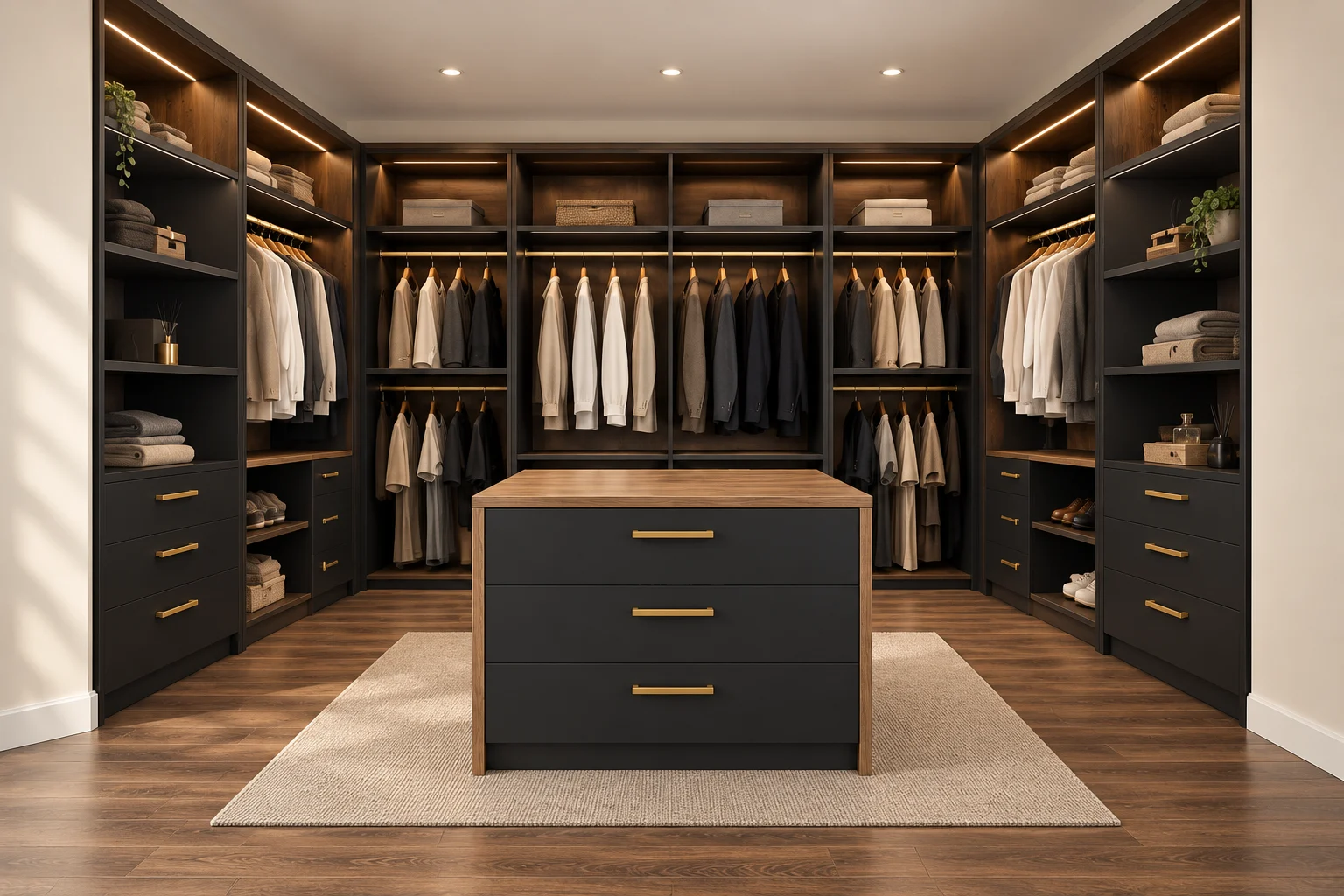 Walk-in Wardrobe in oak-effect, dark and warm metallic finishes