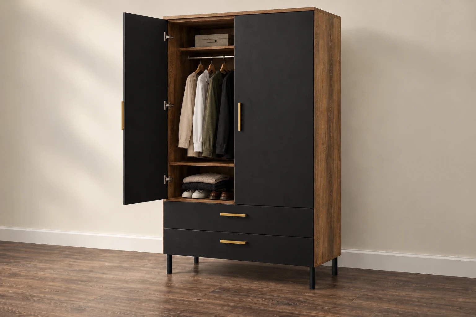 Wardrobe with oak-effect interior, dark doors, hanging rail, shelves and two lower drawers