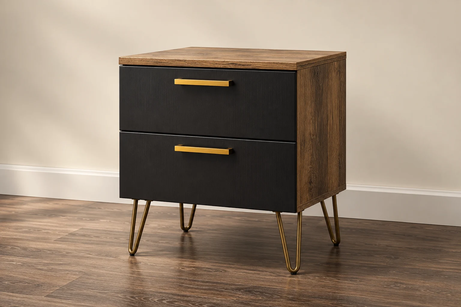 Bedside Cabinets in oak-effect and charcoal finishes