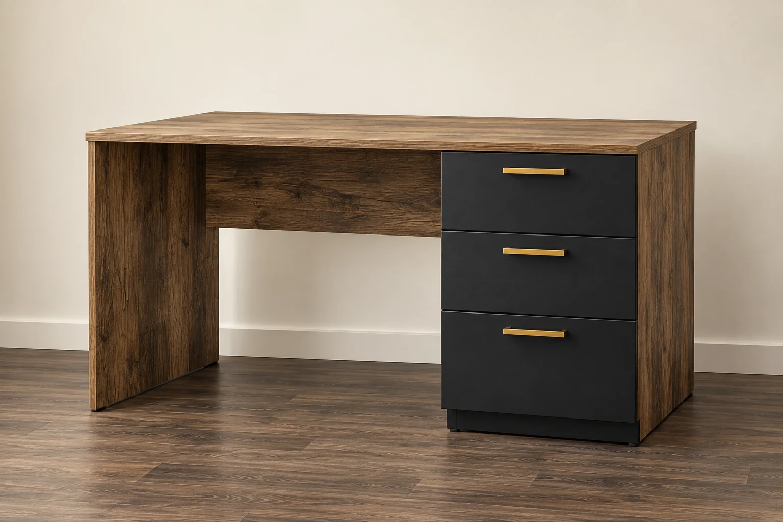 Oak-effect desk with three charcoal pedestal drawers and brass handles