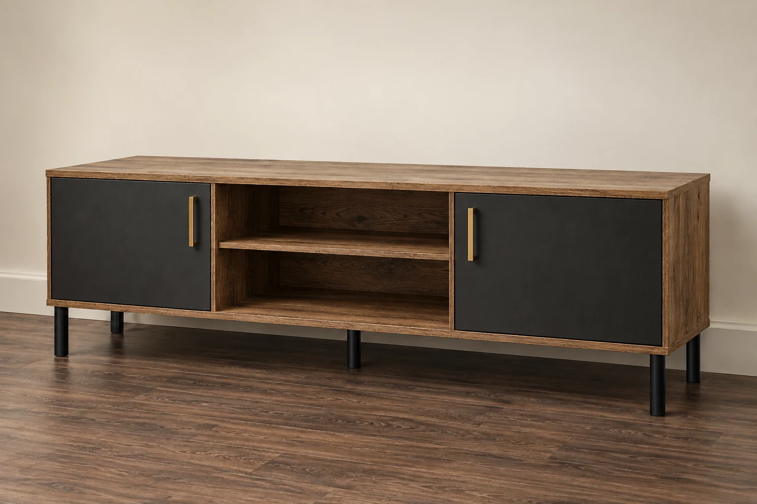 TV Units in oak-effect and charcoal finishes
