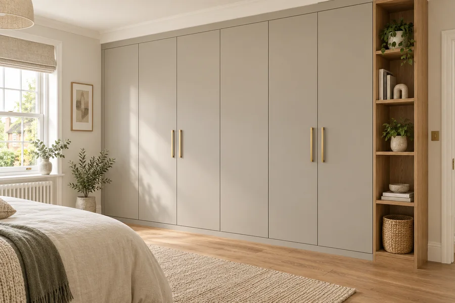 Fitted wardrobes in a bright, furnished home setting