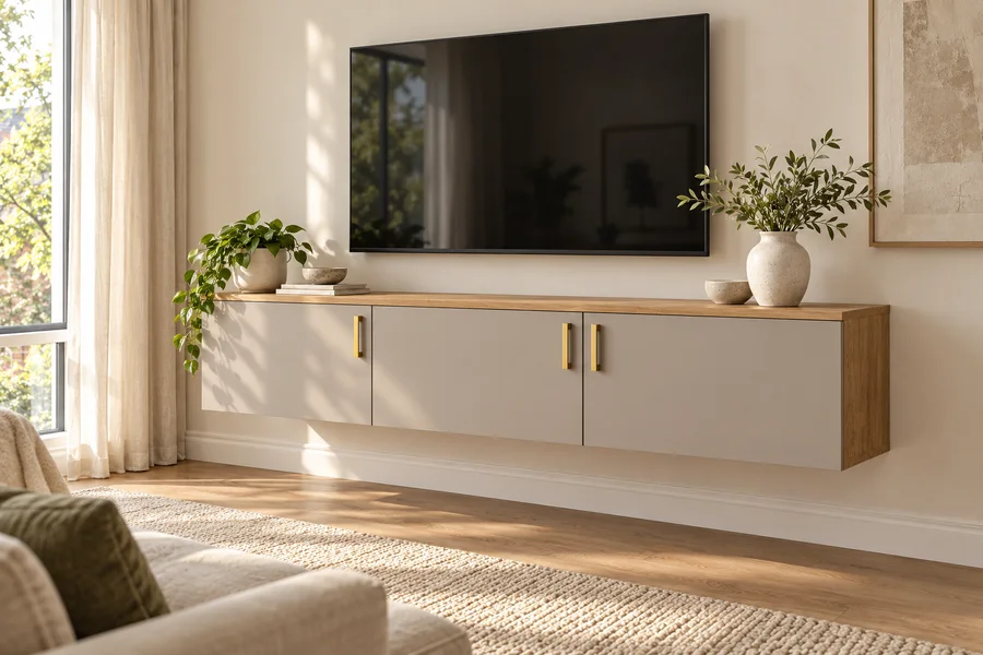Floating consoles in a bright, furnished home setting