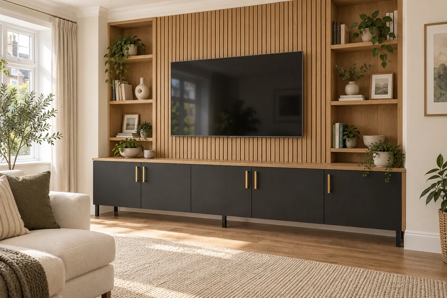 Media walls in a bright, furnished home setting