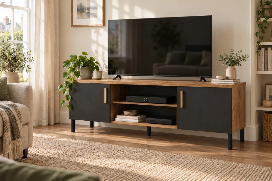 TV stands in a bright, furnished home setting