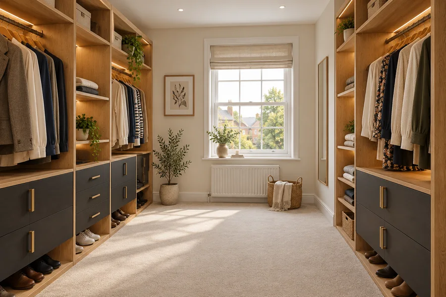 Walk-in wardrobes in a bright, furnished home setting
