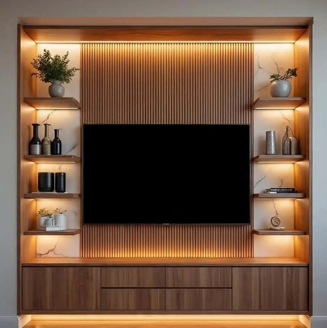 Bespoke walnut media wall with integrated lighting — TV unit design visual