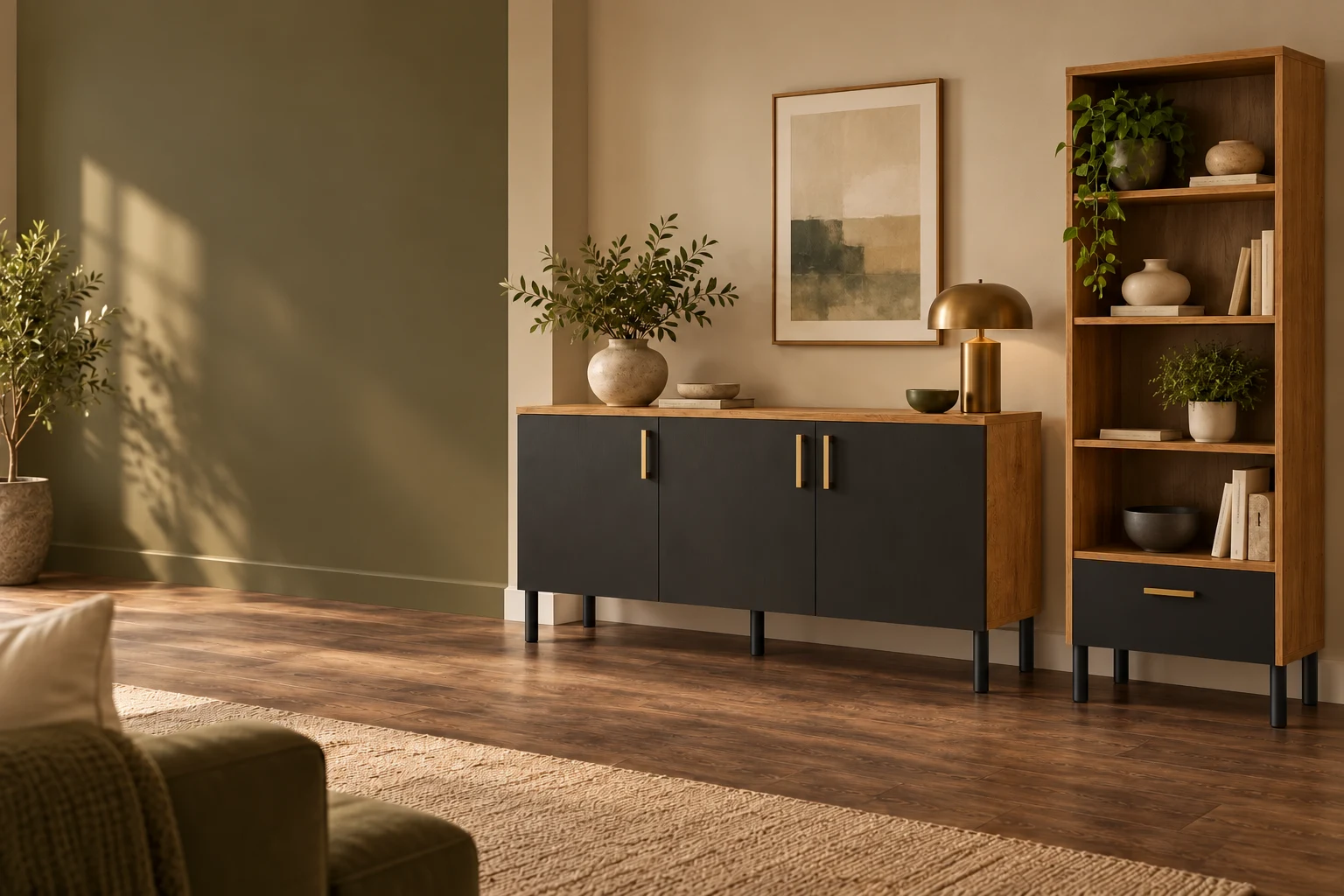 Oak-effect and charcoal sideboard and bookcase in a warm living room setting