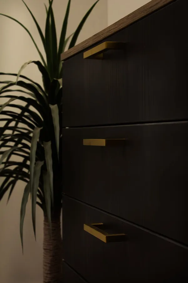 Antique gold handle detail on black drawer fronts
